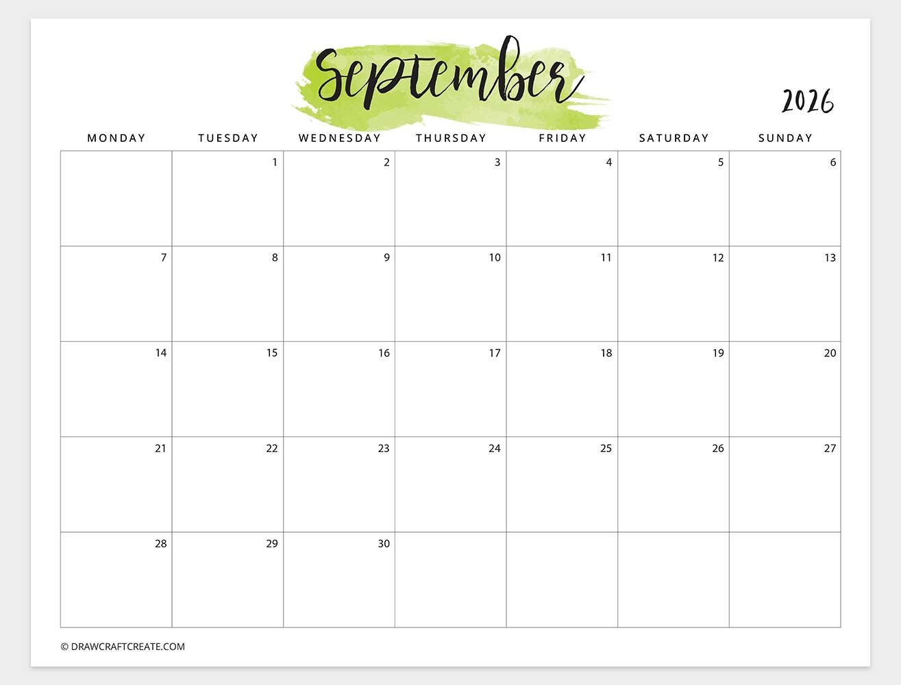 september 2026 watercolor calendar horizontal monday start