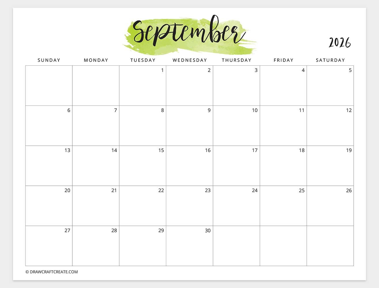 september 2026 watercolor calendar sunday start