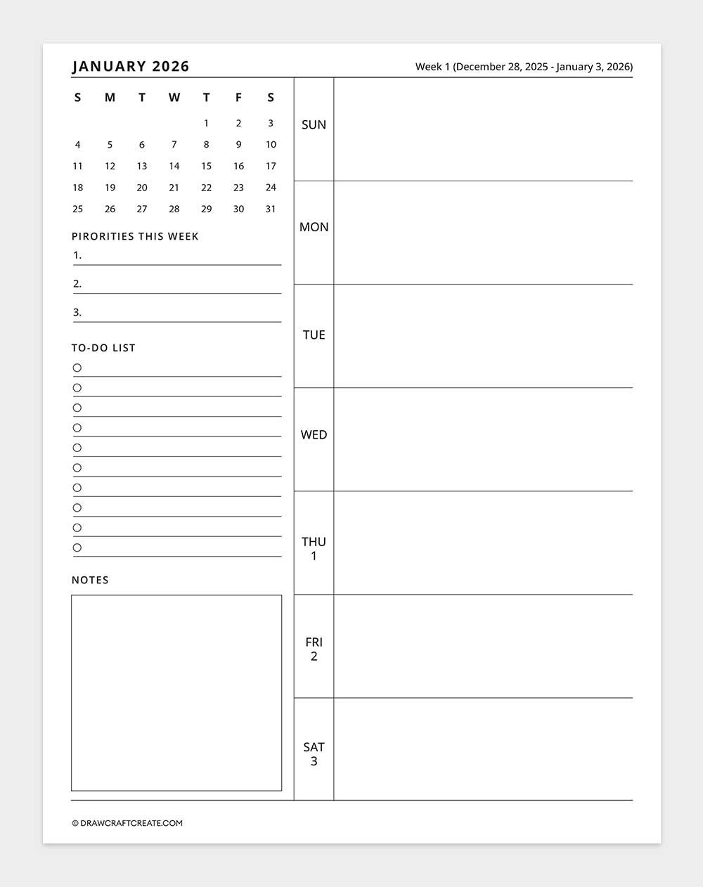 2026 weekly calendar - week 1