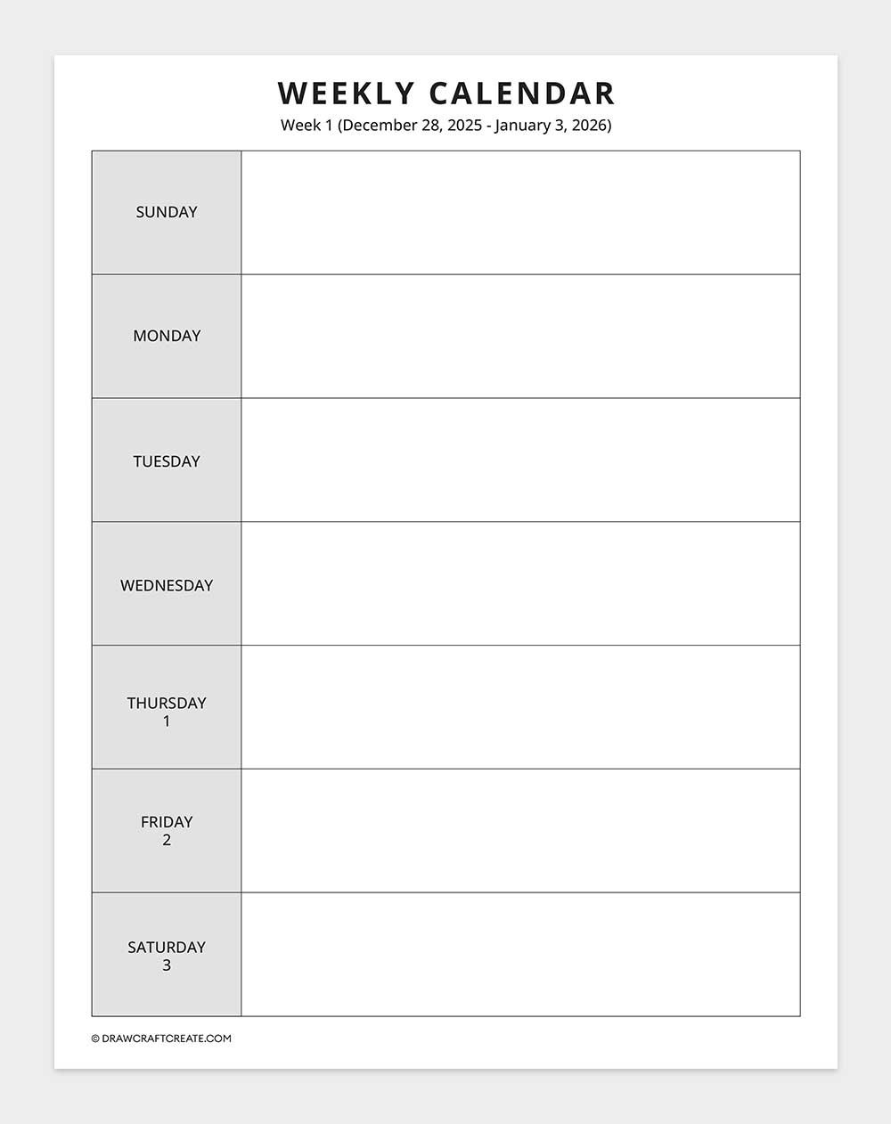 2026 weekly calendar - week 1