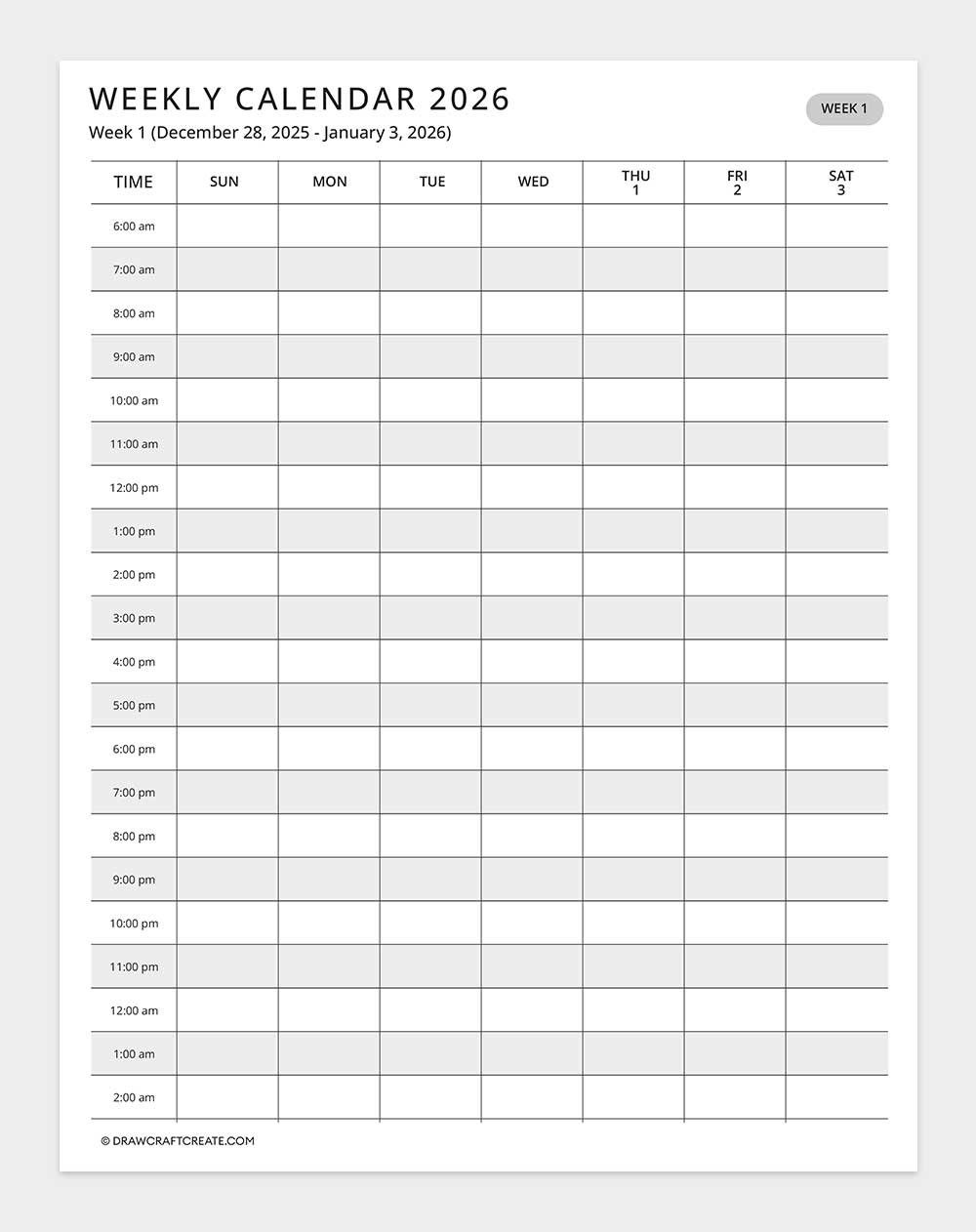 2026 weekly calendar - week 1