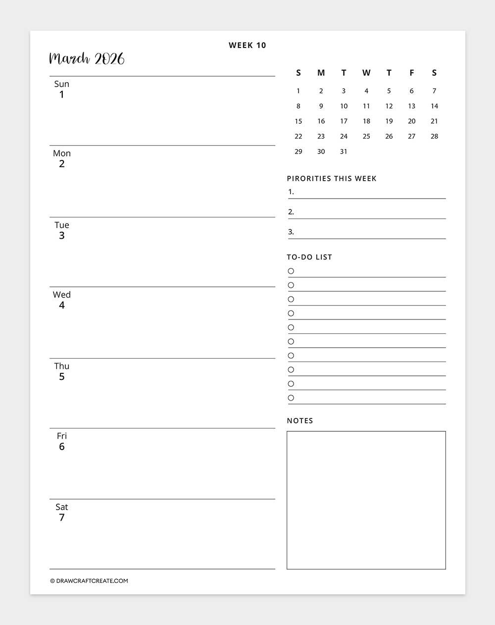 2026 weekly calendar week 10