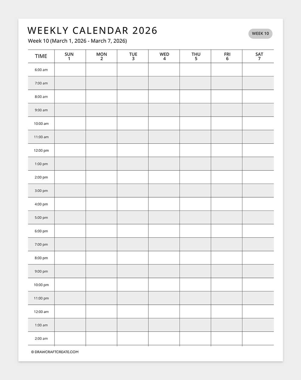 2026 weekly calendar week 10