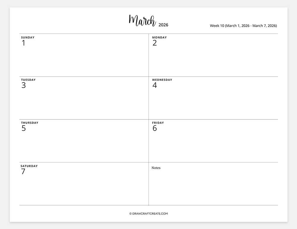 2026 weekly calendar week 10