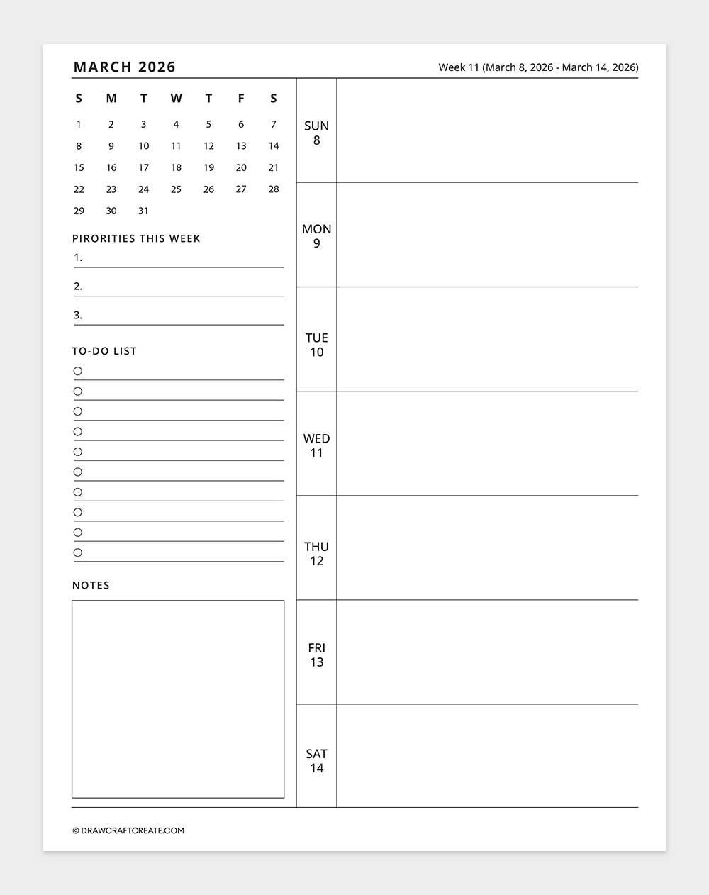 2026 weekly calendar week 11