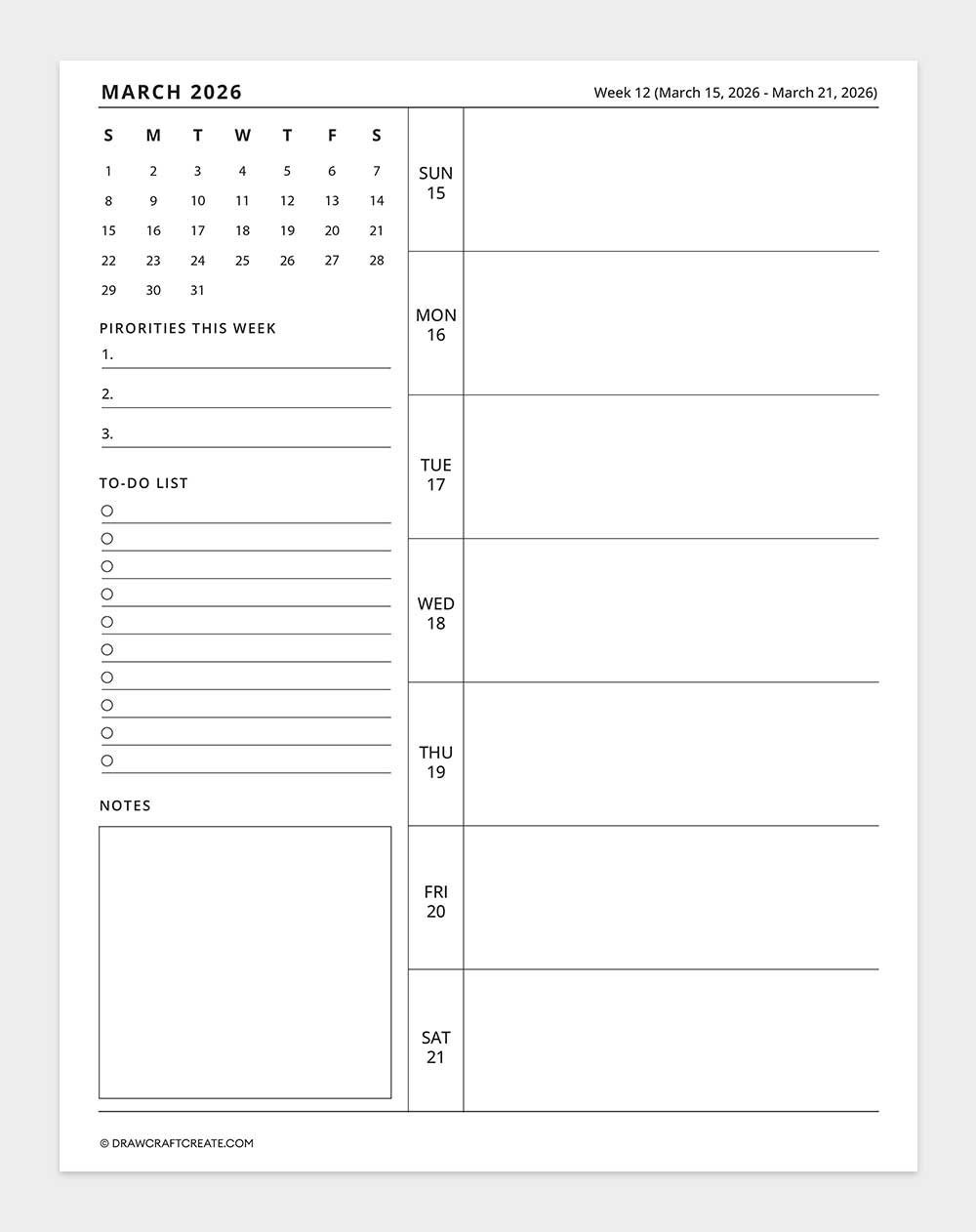 2026 weekly calendar week 12