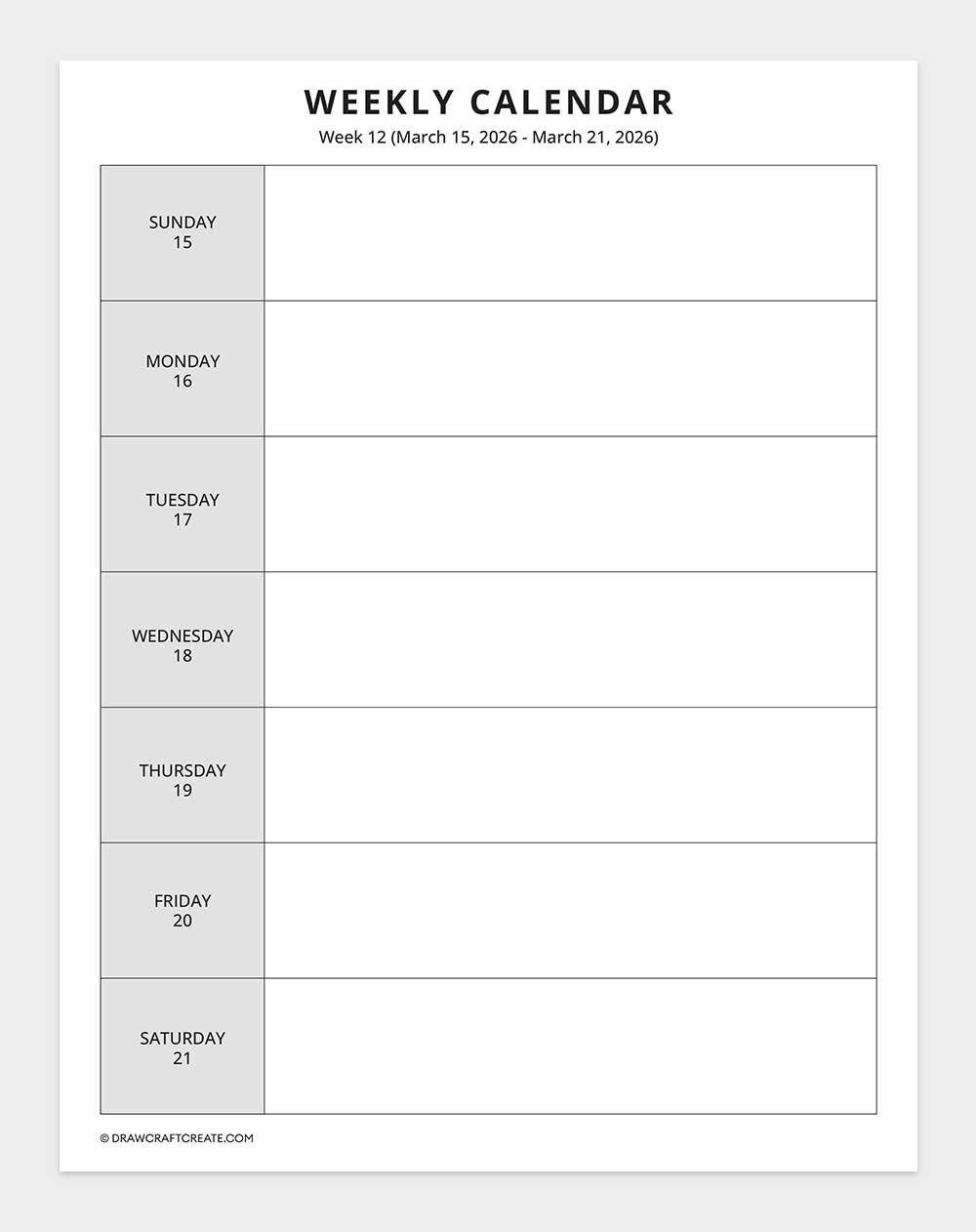 2026 weekly calendar week 12