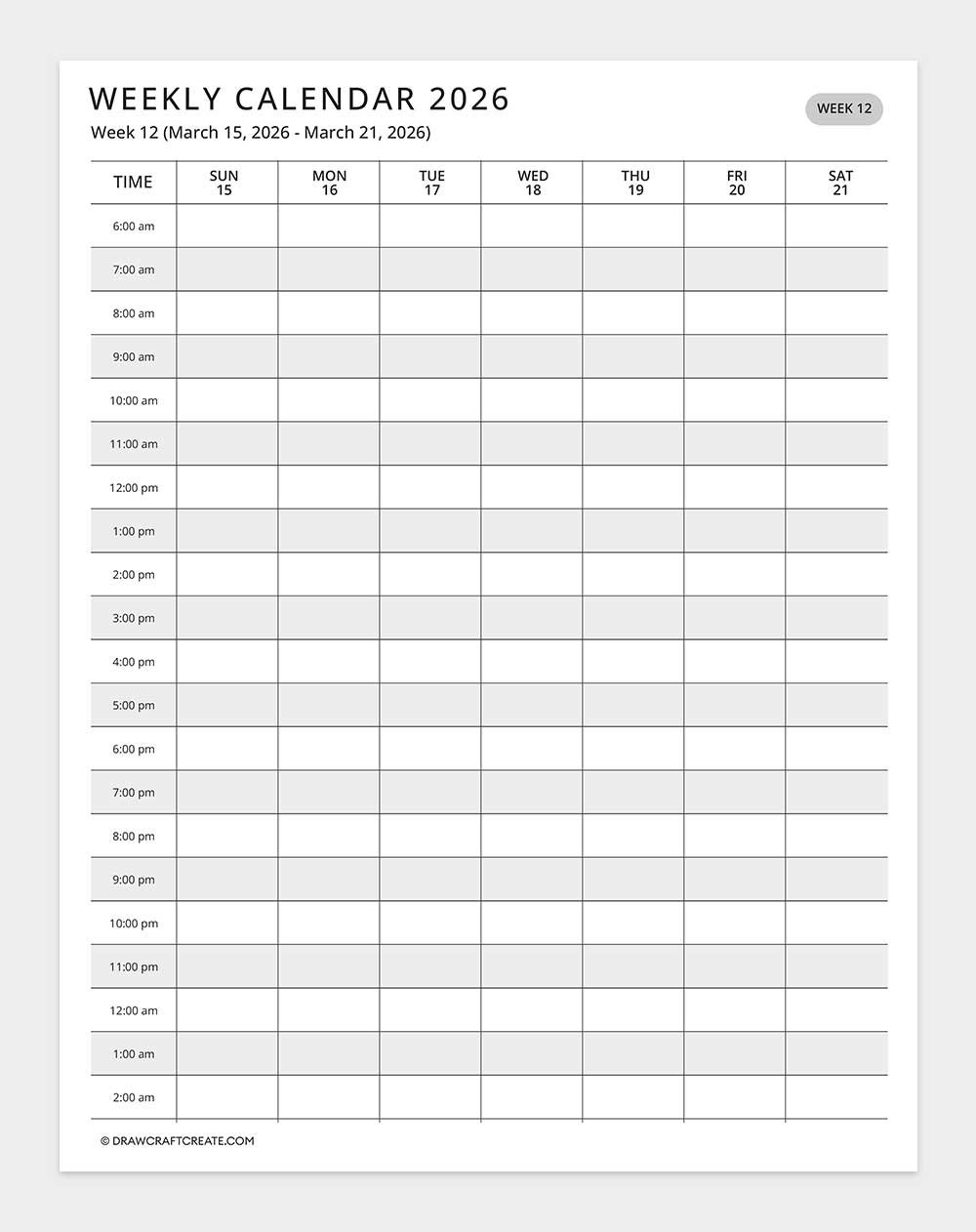2026 weekly calendar week 12