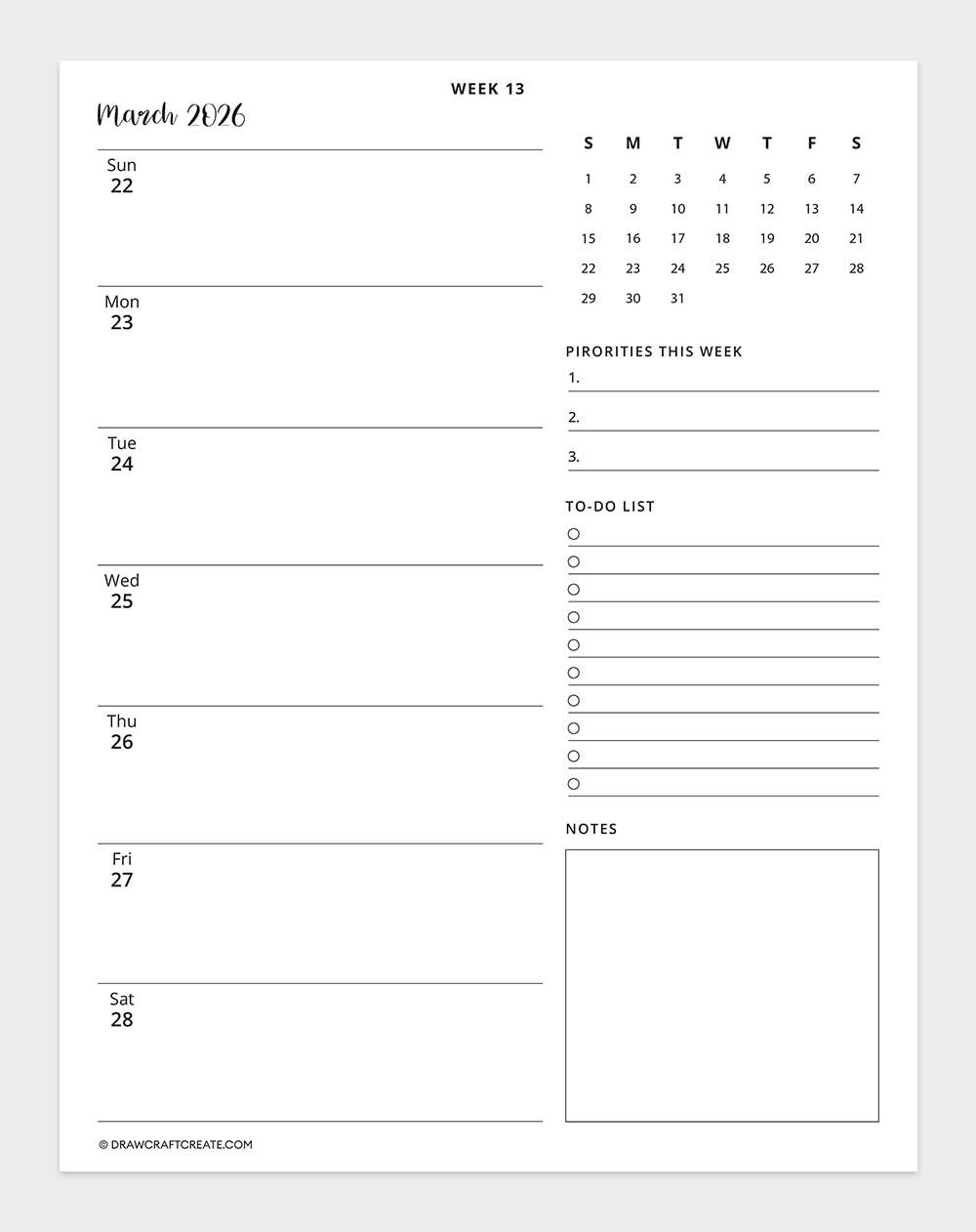 2026 weekly calendar week 13