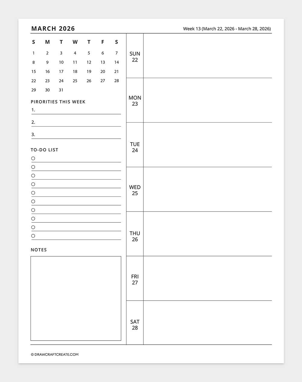2026 weekly calendar week 13