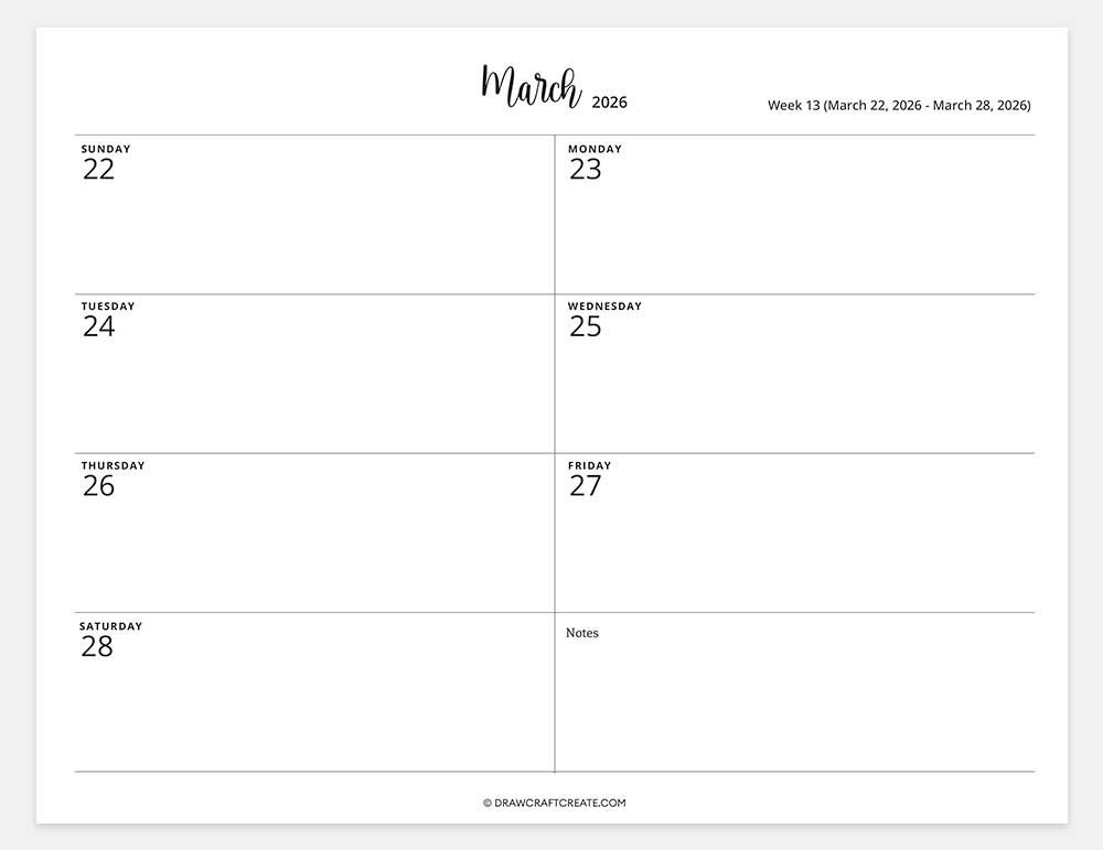 2026 weekly calendar week 13