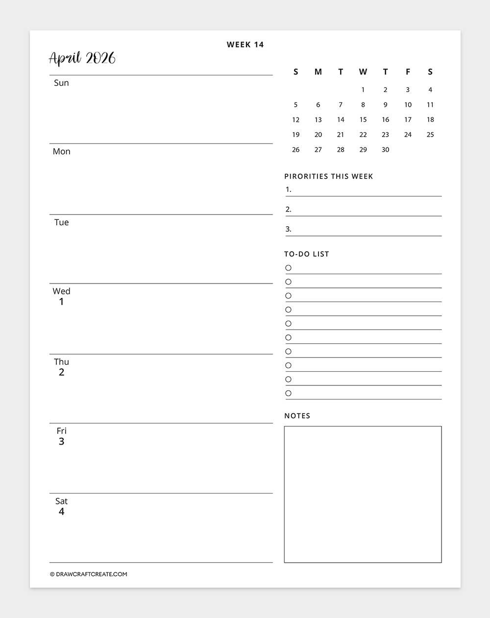 2026 weekly calendar week 14
