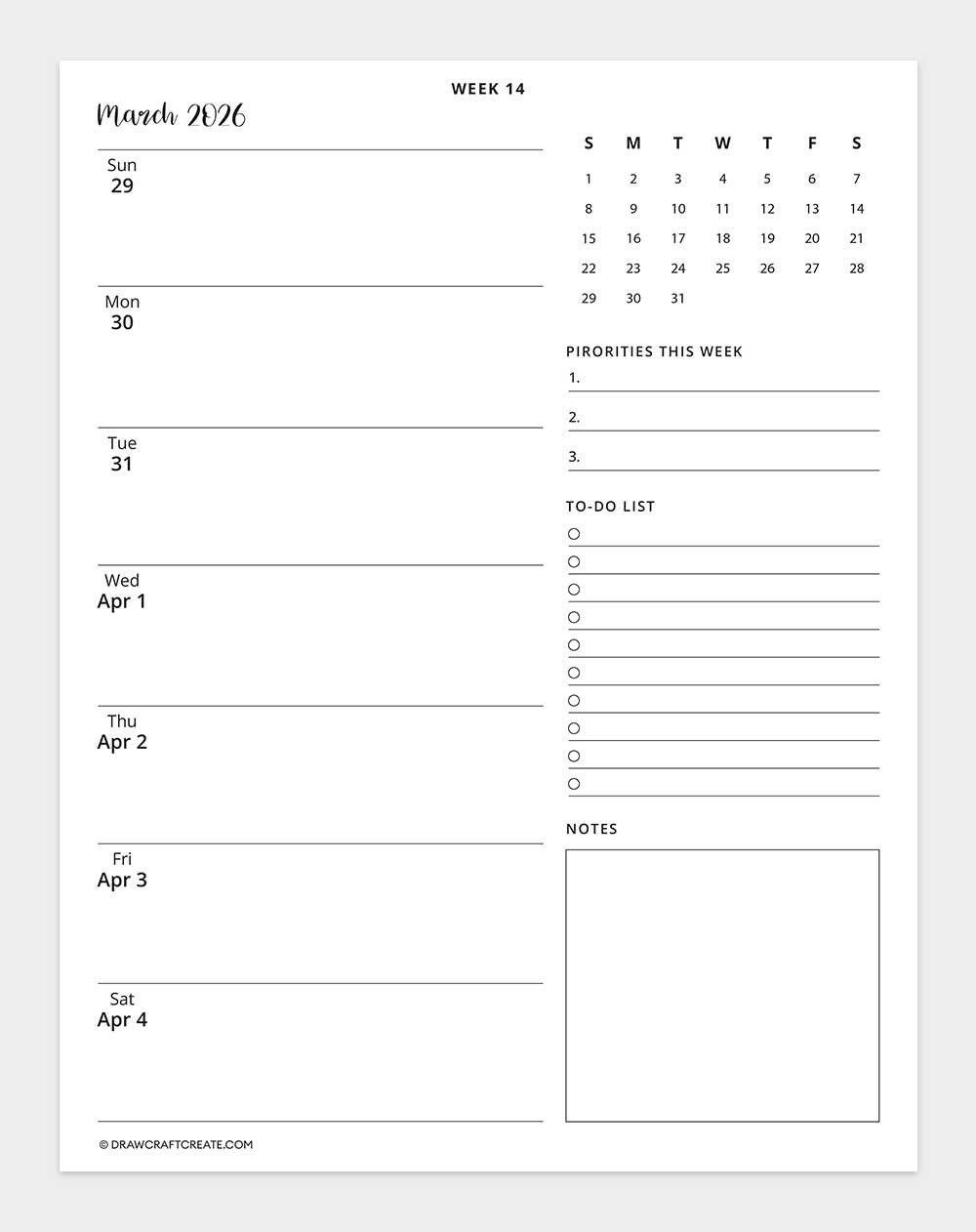 2026 weekly calendar week 14