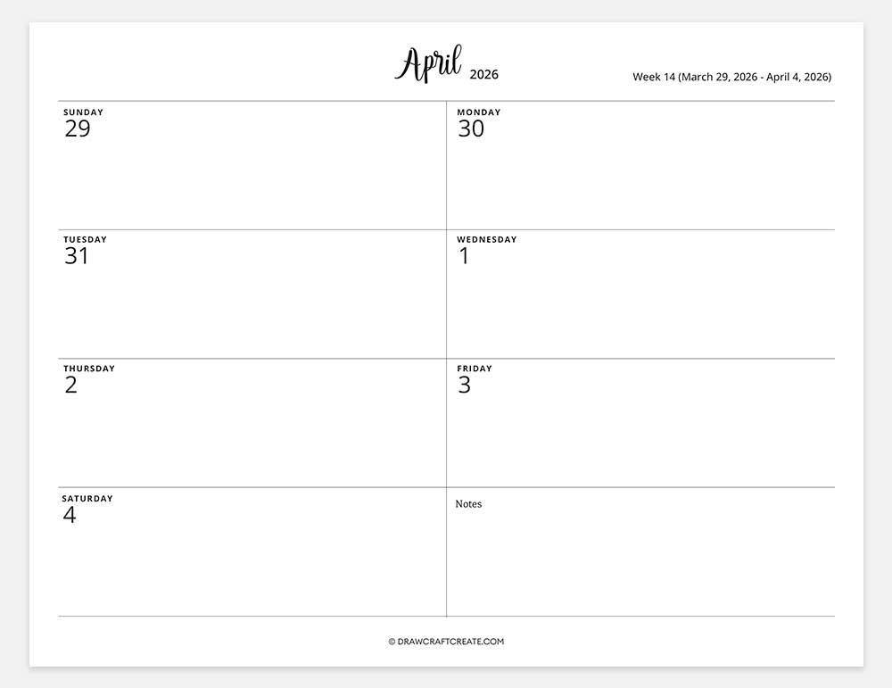 2026 weekly calendar week 14