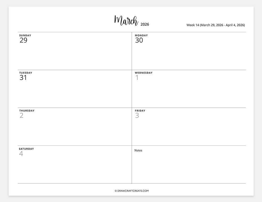 2026 weekly calendar week 14