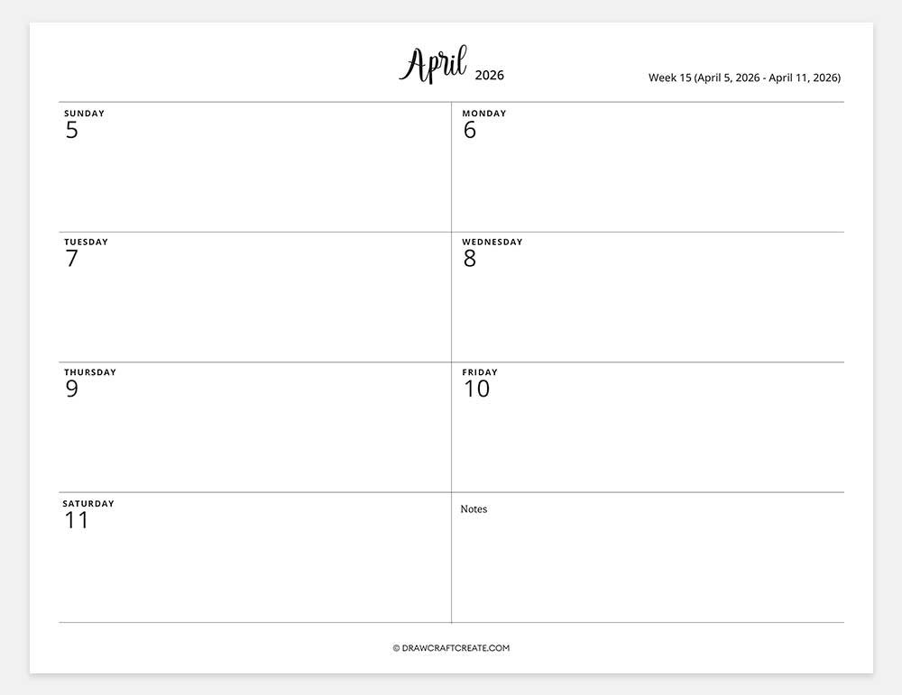2026 weekly calendar week 15