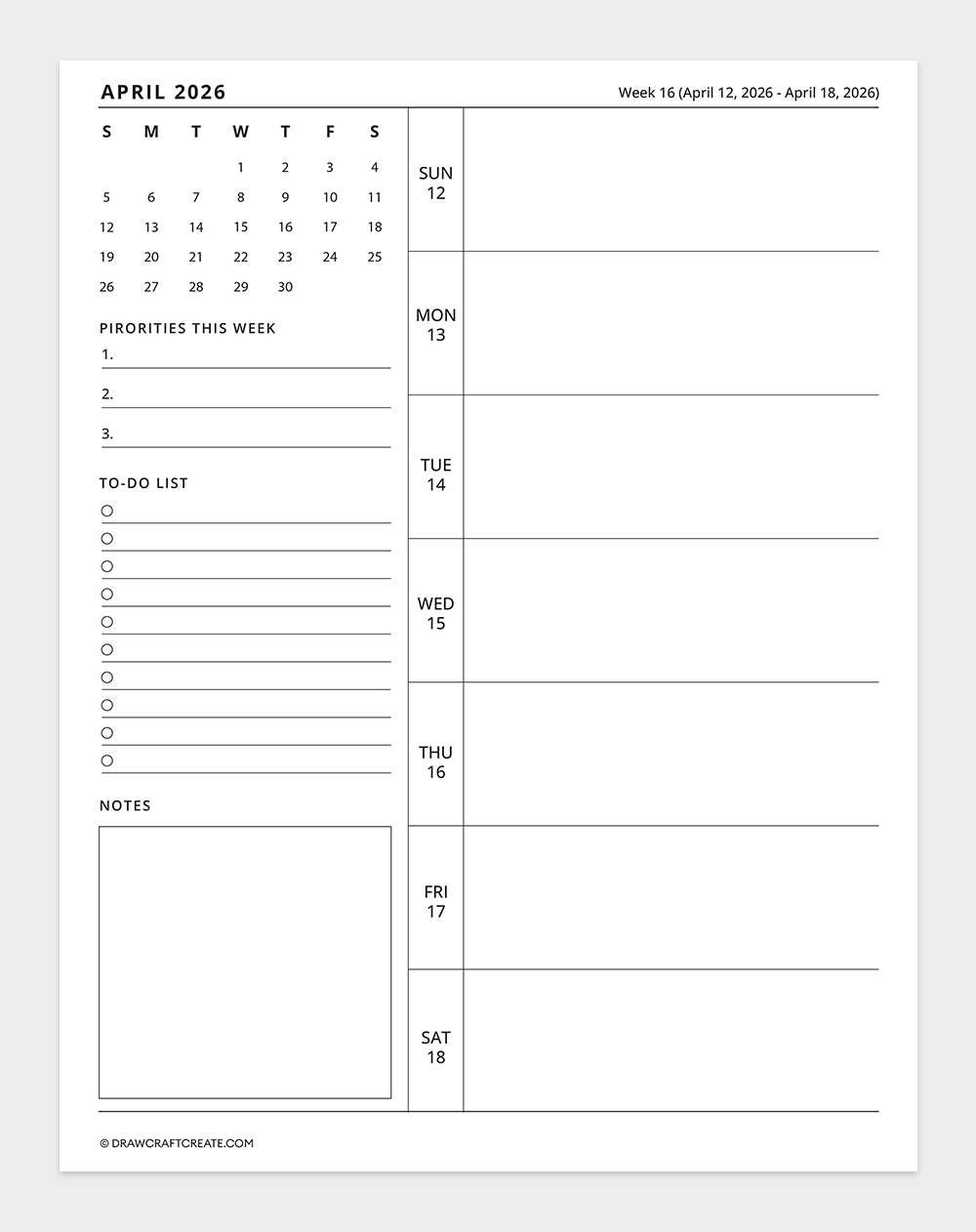2026 weekly calendar week 16