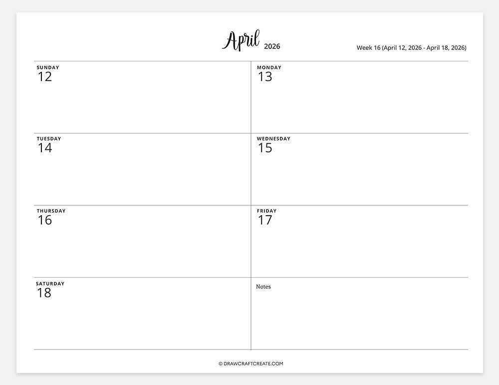 2026 weekly calendar week 16