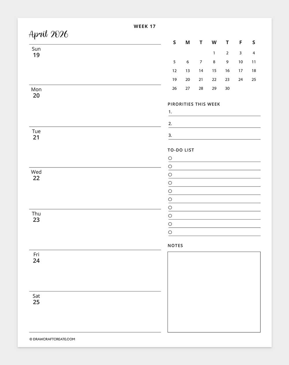 2026 weekly calendar week 17