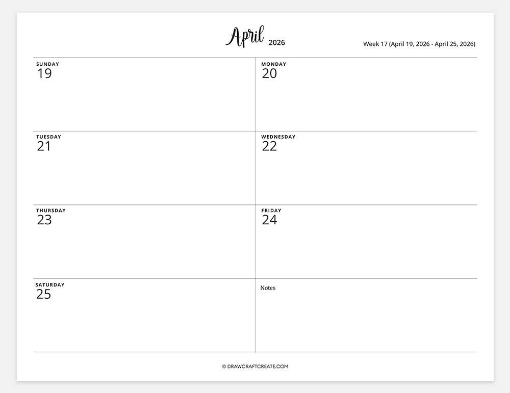 2026 weekly calendar week 17