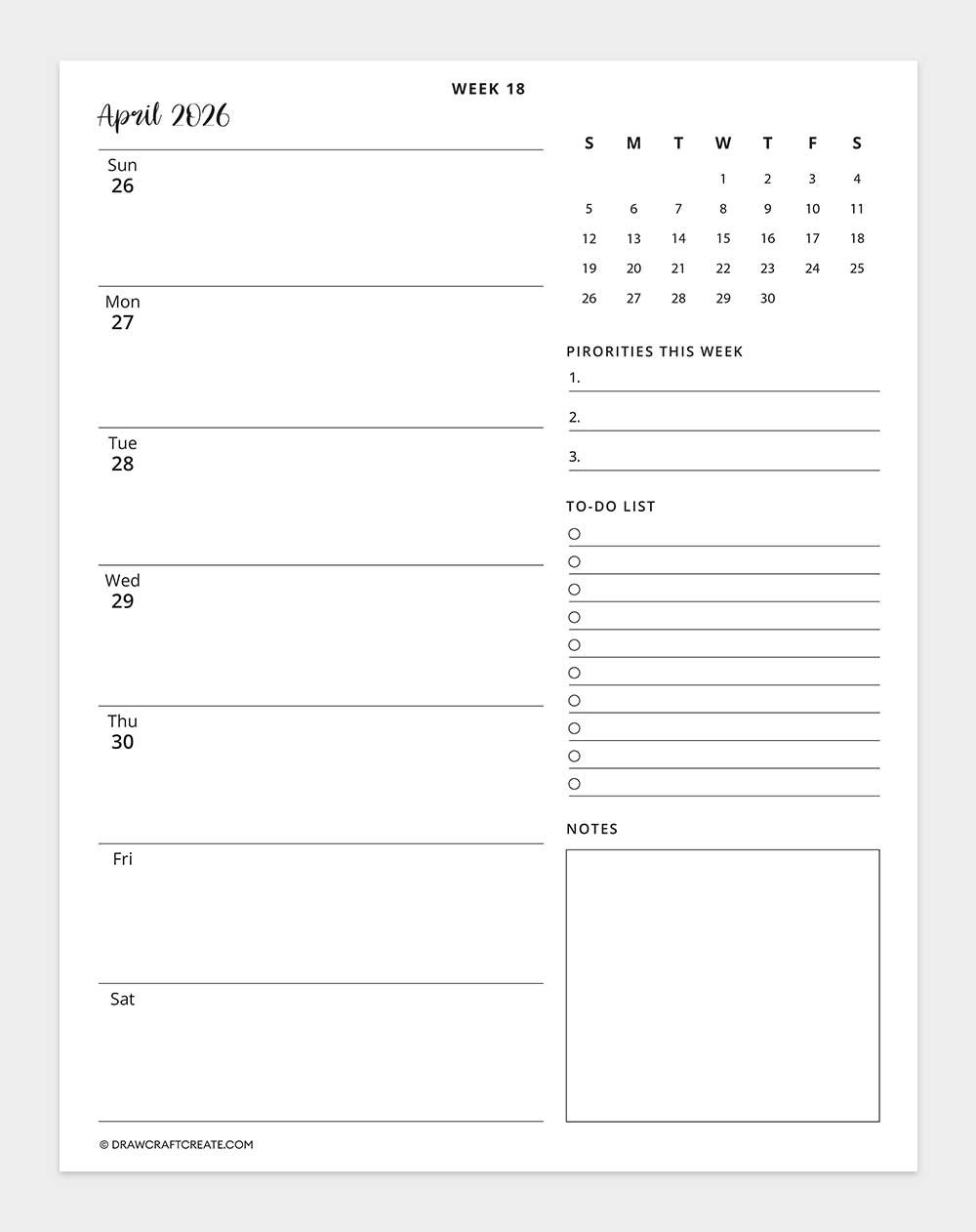 2026 weekly calendar week 18