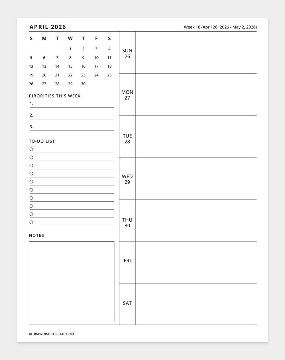 2026 weekly calendar week 18
