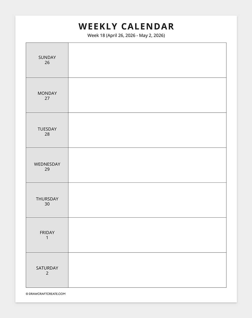 2026 weekly calendar week 18