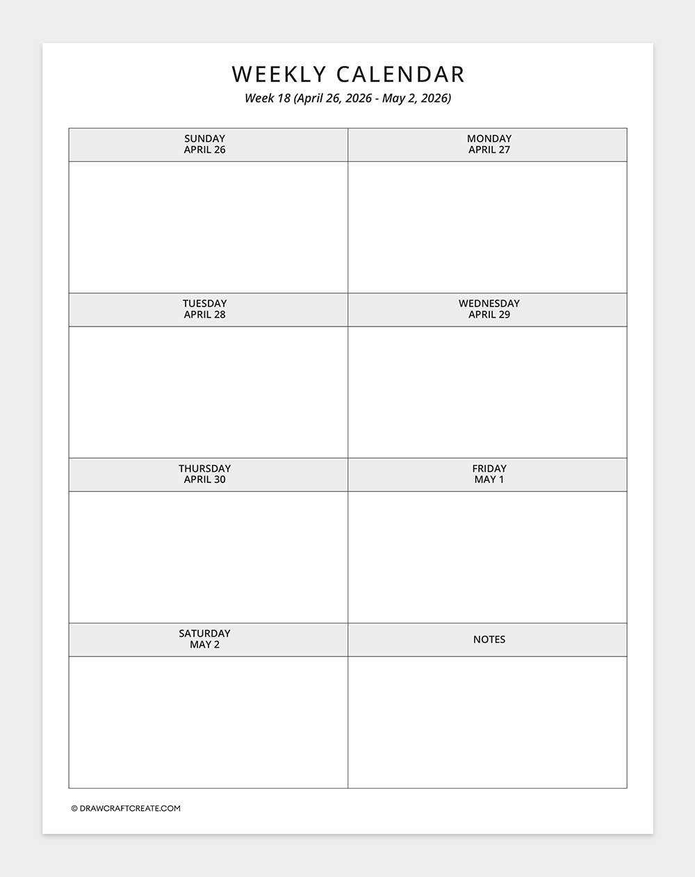 2026 weekly calendar week 18