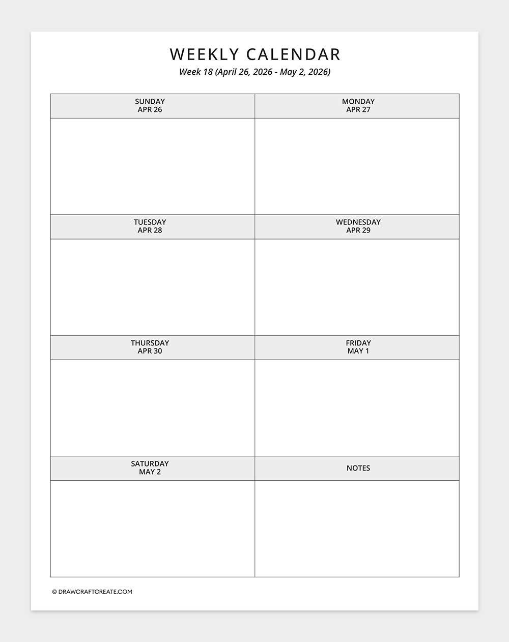 2026 weekly calendar week 18