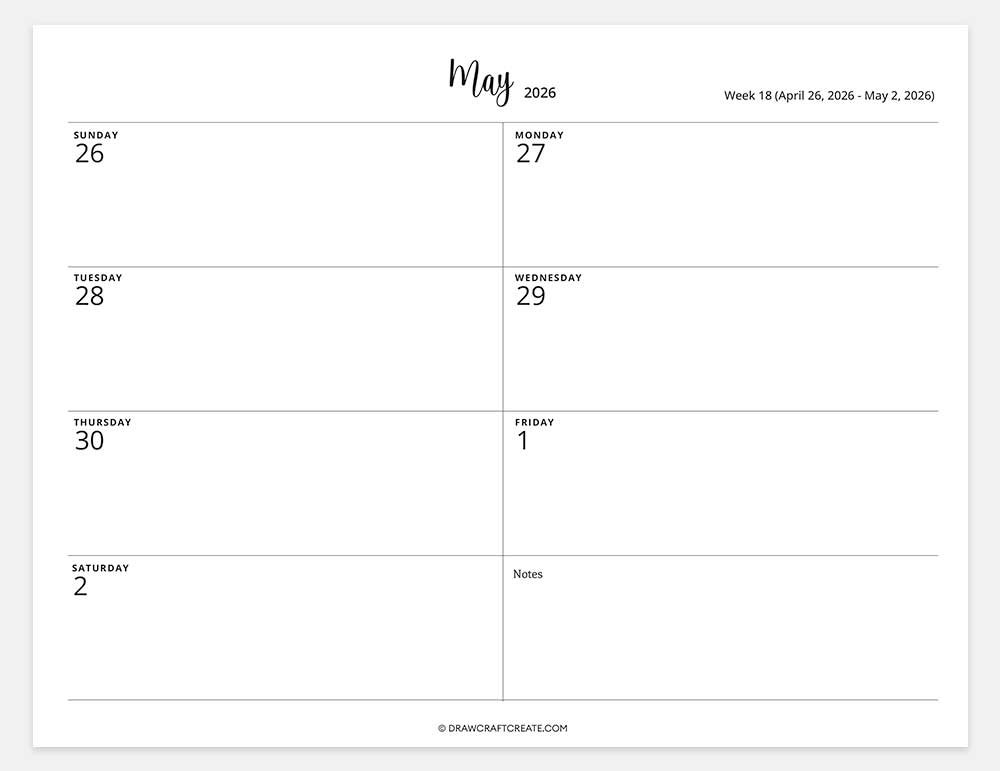 2026 weekly calendar week 18