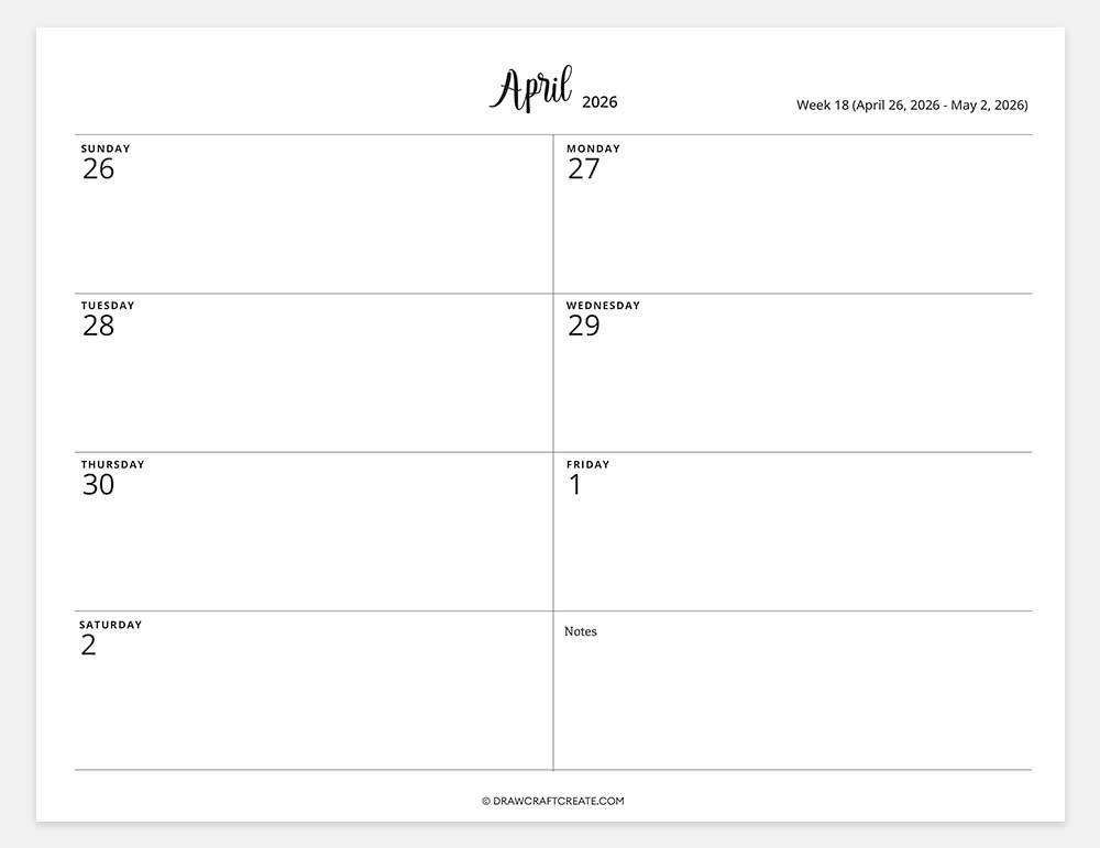 2026 weekly calendar week 18