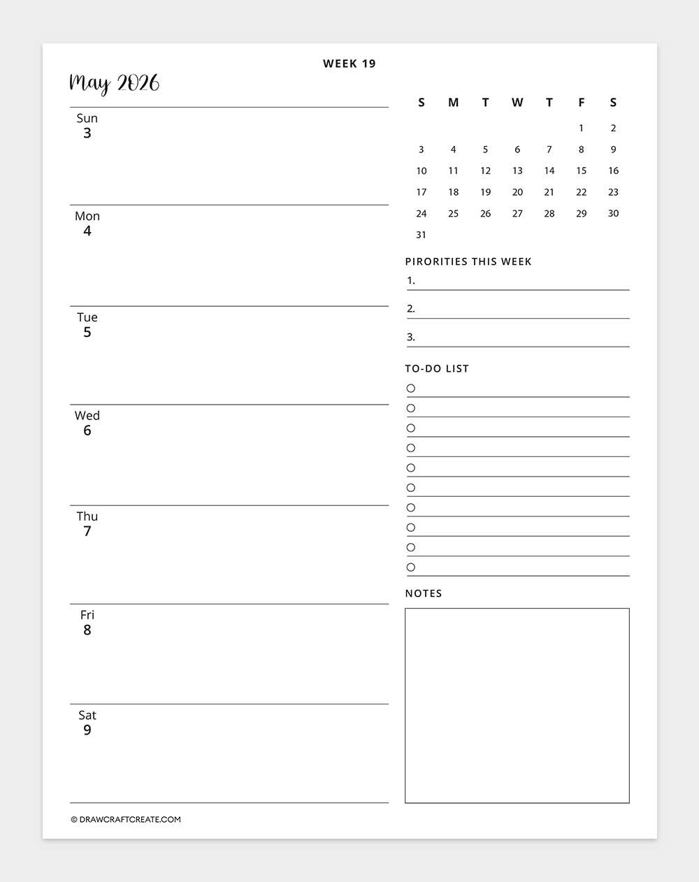 2026 weekly calendar week 19