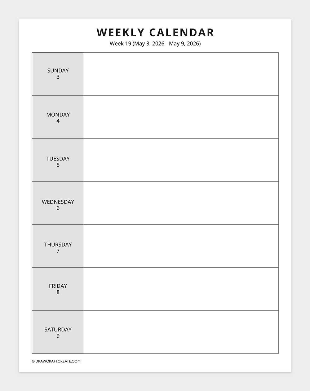 2026 weekly calendar week 19