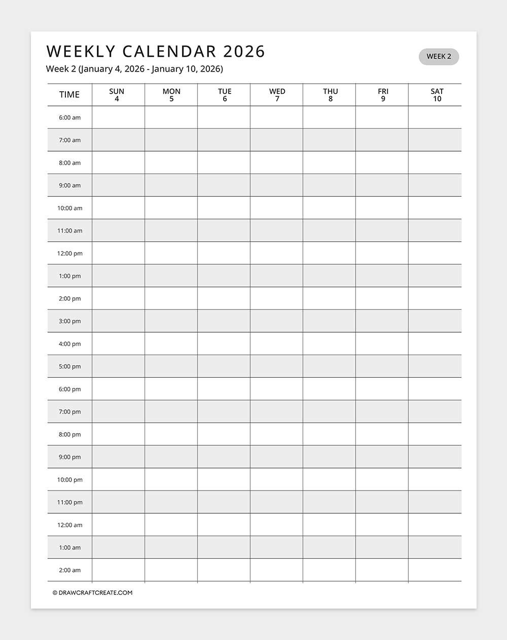 2026 weekly calendar - week 2