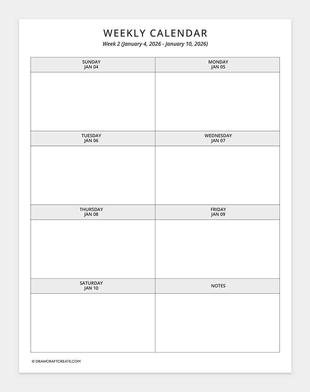 2026 weekly calendar - week 2