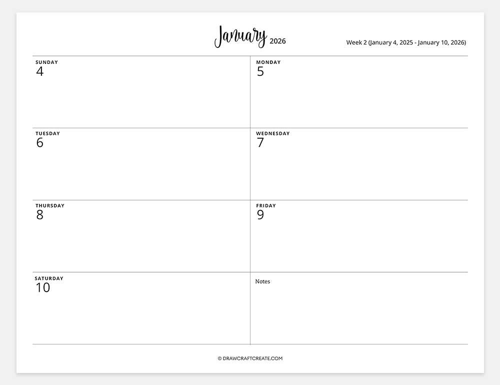 2026 weekly calendar - week 2