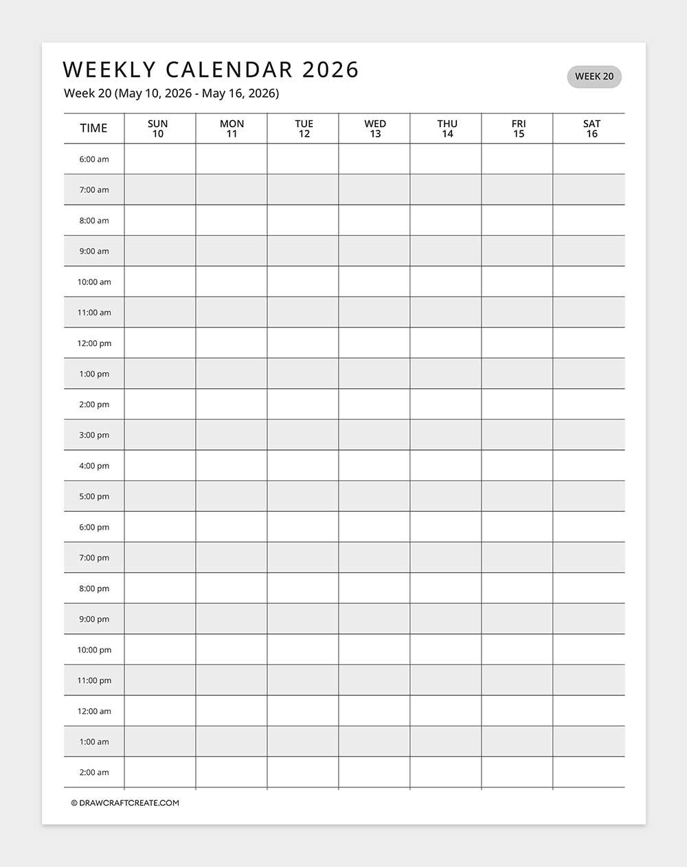 2026 weekly calendar week 20