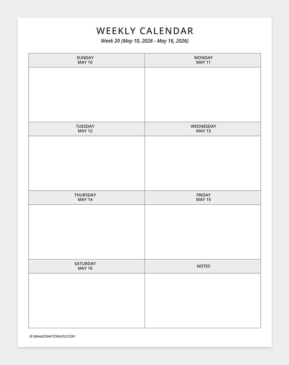 2026 weekly calendar week 20