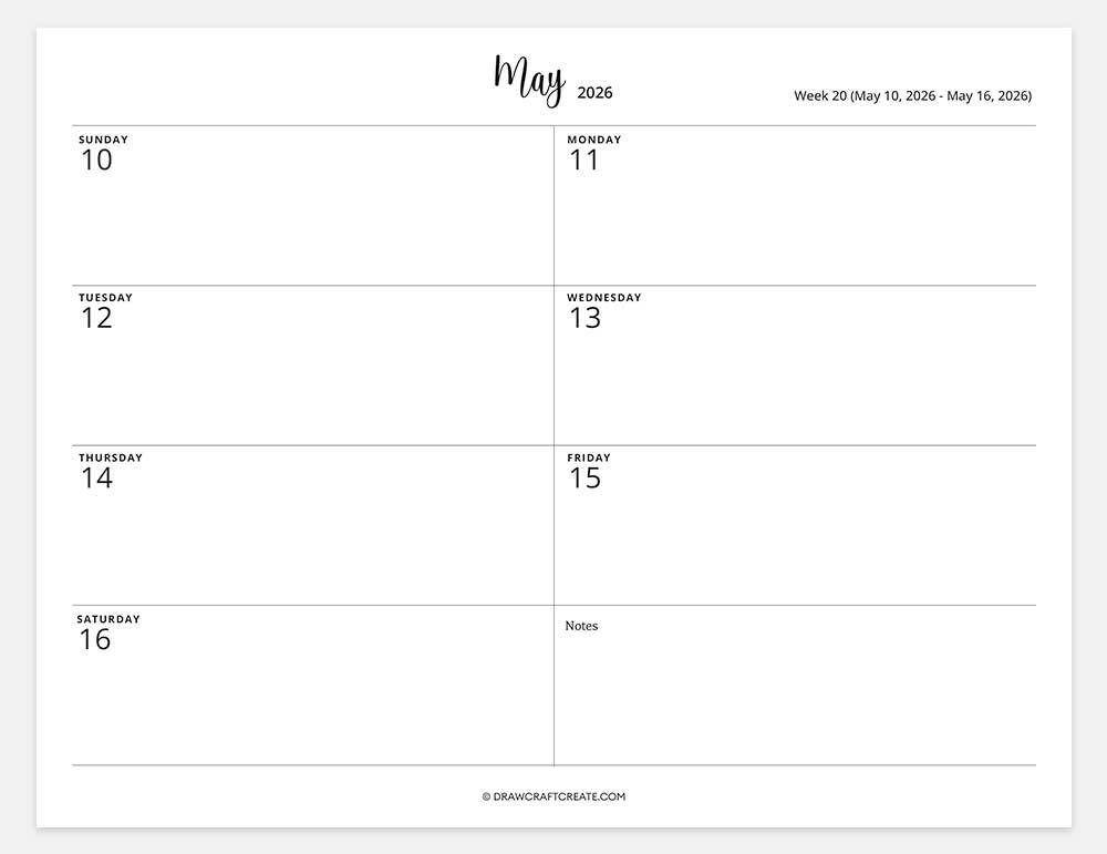 2026 weekly calendar week 20