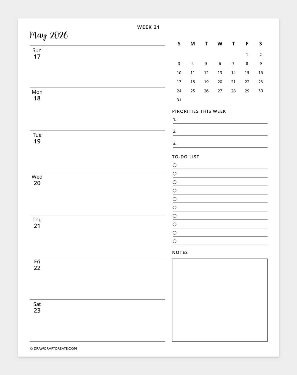 2026 weekly calendar week 21