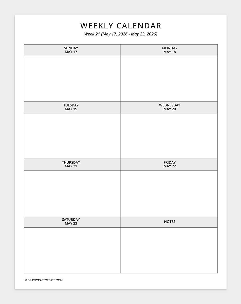 2026 weekly calendar week 21