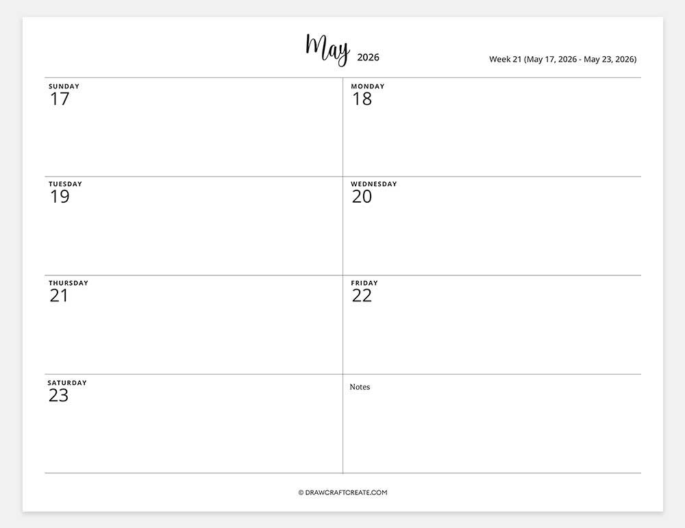 2026 weekly calendar week 21