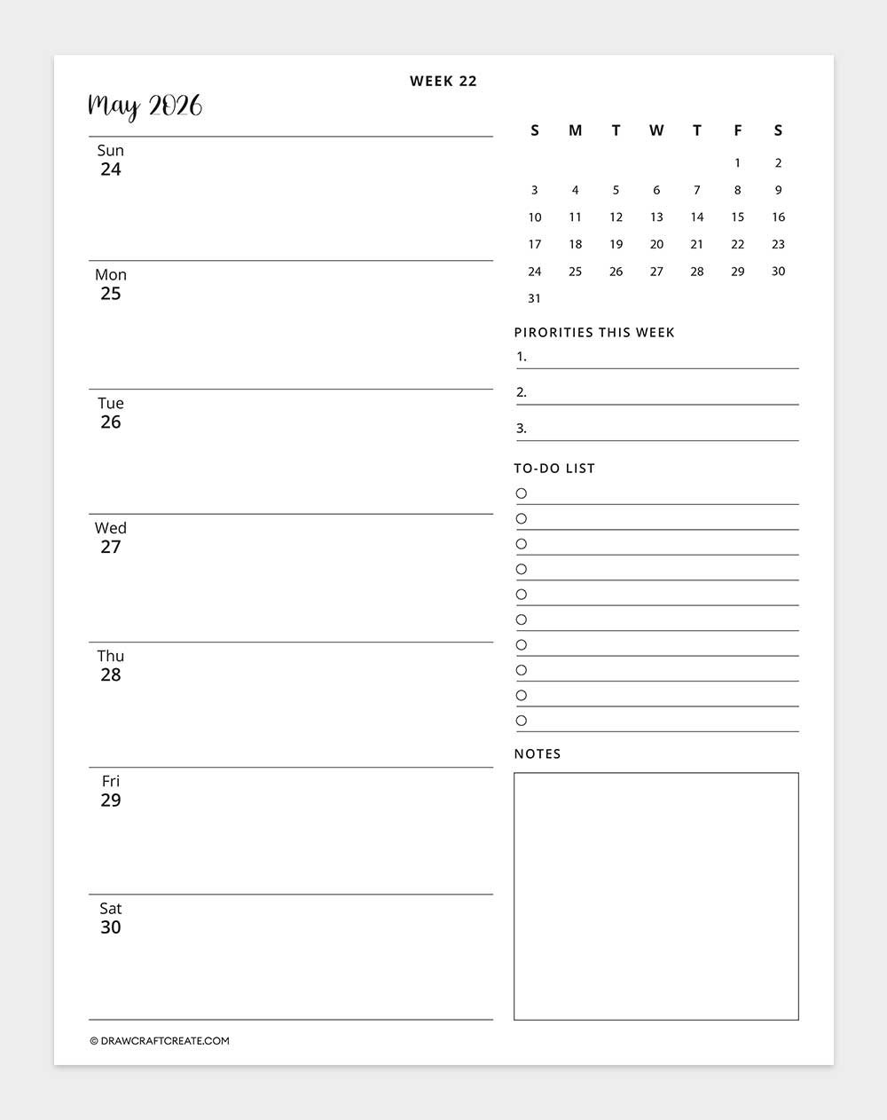 2026 weekly calendar week 22