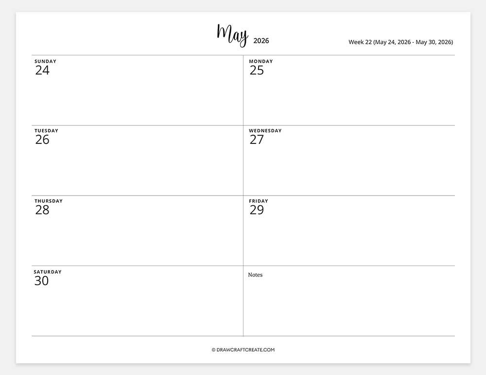 2026 weekly calendar week 22