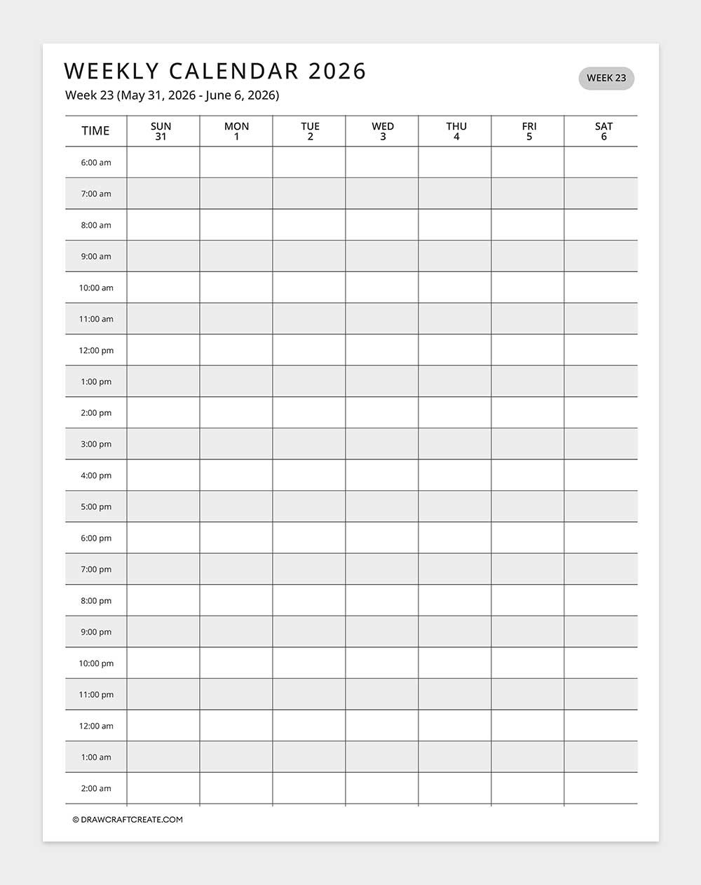 2026 weekly calendar week 23