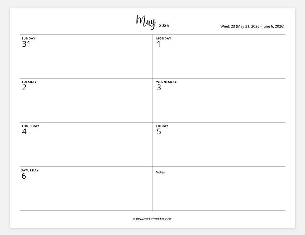 2026 weekly calendar week 23