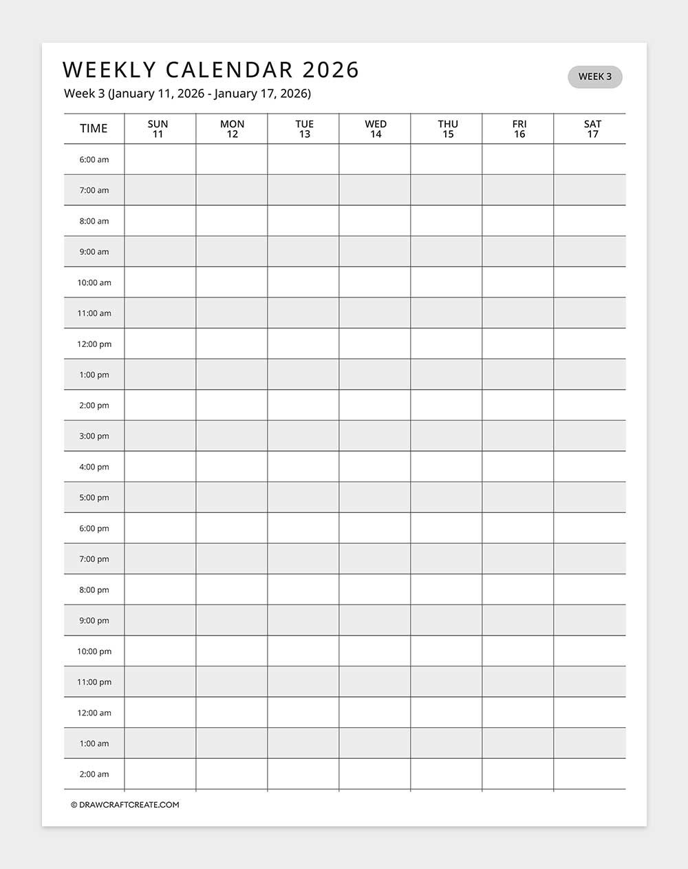 2026 weekly calendar - week 3