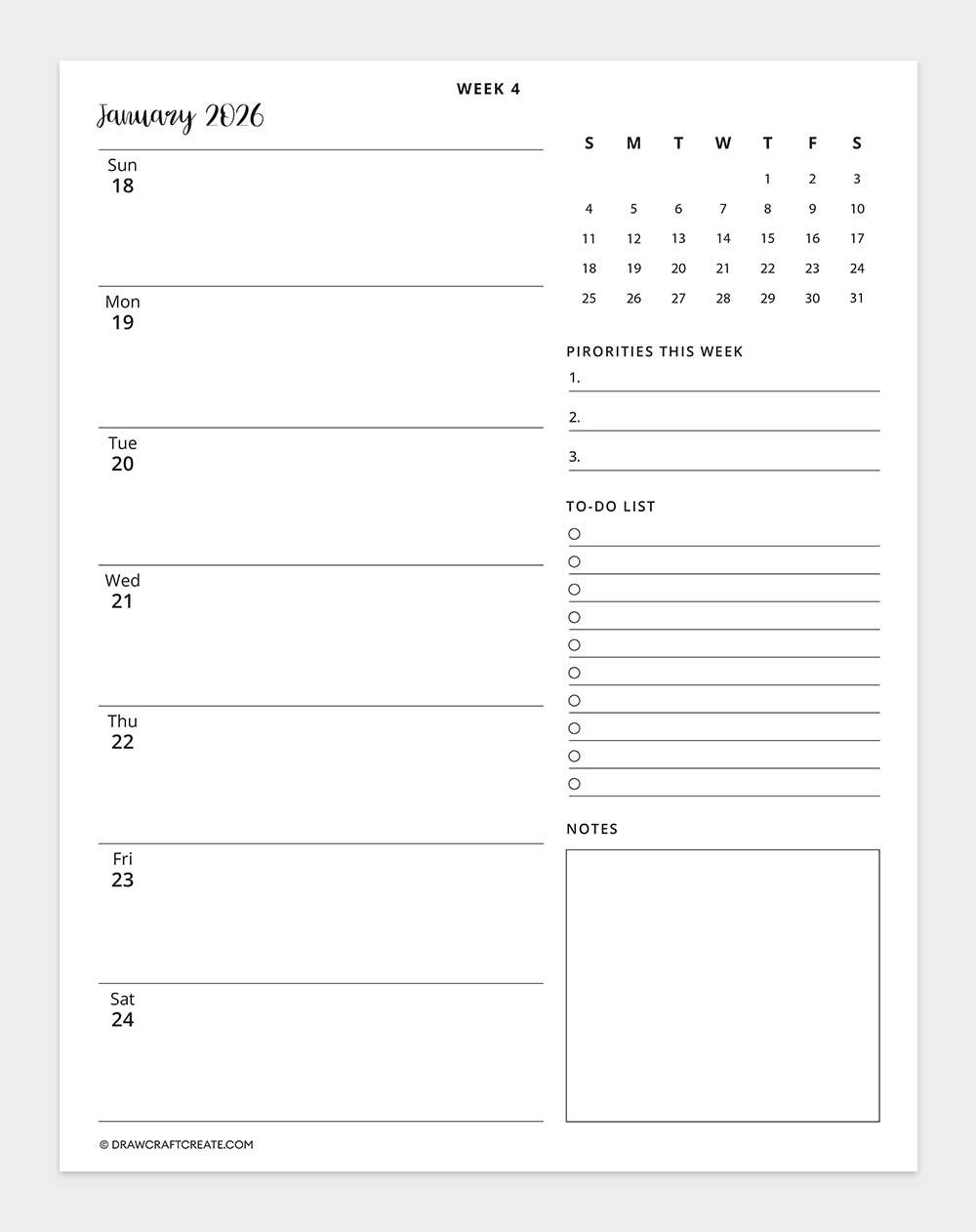 2026 weekly calendar - week 4