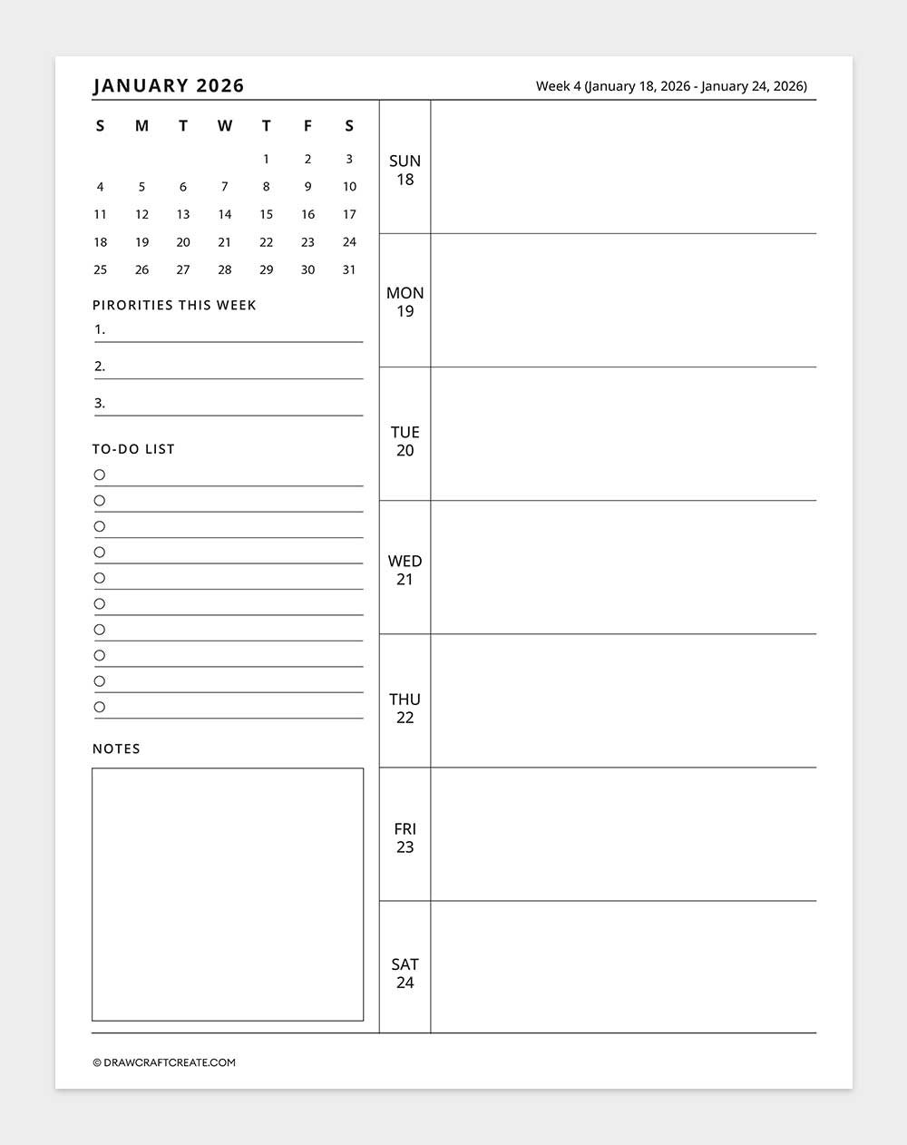 2026 weekly calendar - week 4