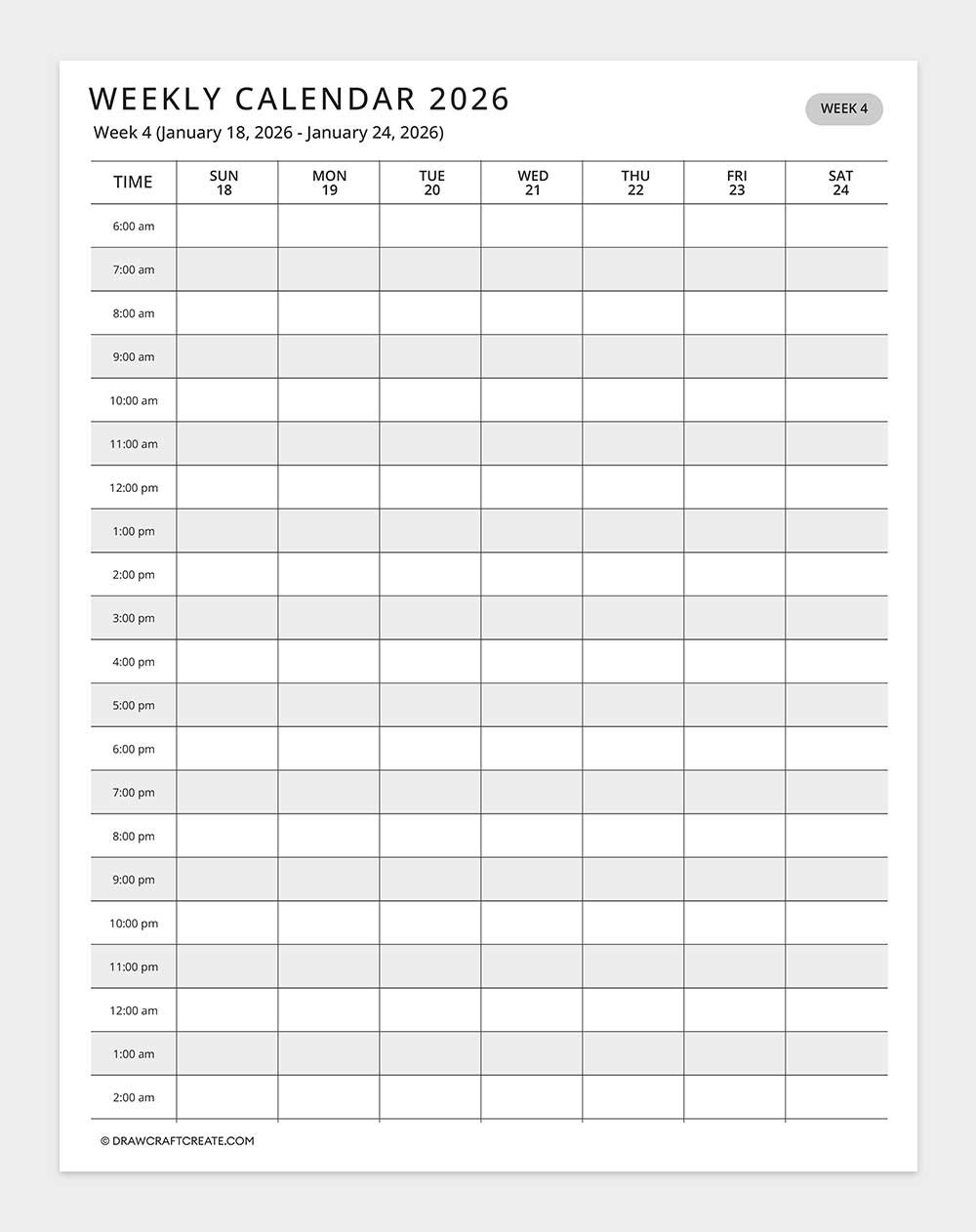 2026 weekly calendar - week 4